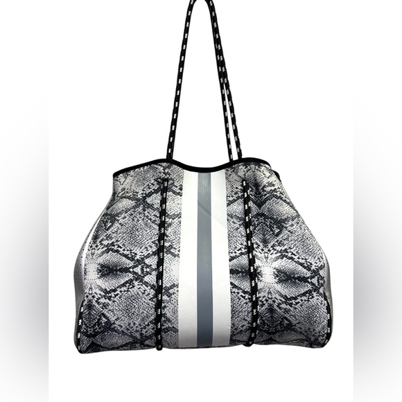 Handbags - Python Print Neoprene Silver Tote Bag